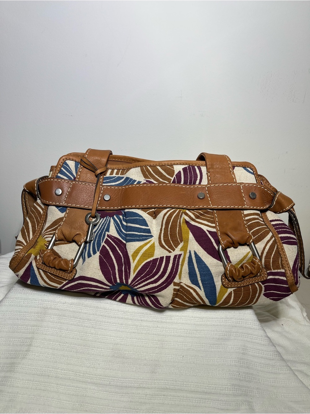 Fossil Multicolor Floral Canvas Shoulder Bag with Tan Trim